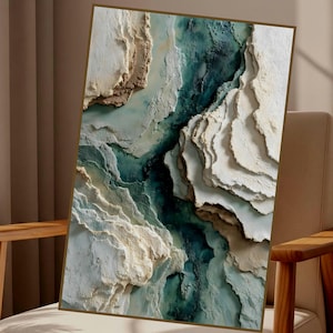 Lámina decorativa abstracta texturizada en tonos verde azulado y blanco para imprimir, arte costero texturizado en 3D, lámina de gran formato para pared, decoración moderna para el hogar (descarga digital).