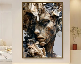 Abstract Woman Portrait Wall Art Print, Modern Textured Female Face Artwork, Neutral Beige Black Digital Download, Luxury Home Decor