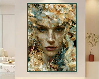 Floral Goddess Wall Art Printable, Abstract Female Portrait Print, Botanical Face Artwork, Neutral Luxury Digital Download (300 DPI)