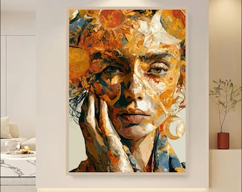 Bohemian Sun Goddess Wall Art, Celestial Woman Portrait Print, Abstract Orange Gold Face Artwork, Maximalist Boho Decor, Digital Download