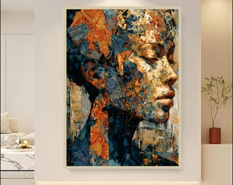 Abstract Portrait Wall Art Printable | Luxury Gold & Teal Female Face Artwork | Contemporary Textured Canvas Style | Modern Digital Download