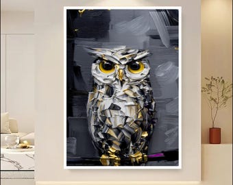 Abstract Owl Wall Art Print | Textured Palette Knife Owl Painting | Black White Gold Owl Artwork | Modern Bird Wall Decor | Digital Download