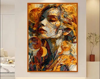 Celestial Goddess Wall Art Printable, Sun Moon Woman Portrait, Boho Abstract Female Artwork, Mystical Digital Download, Luxury Wall Decor