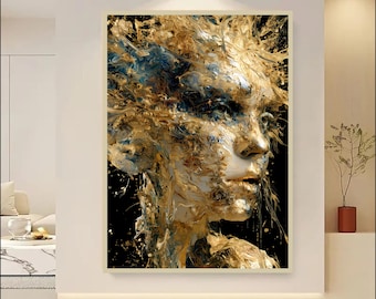 Luxury Gold Abstract Woman Portrait Printable, Black Gold Wall Art, Modern Glam Textured Face Art, Large Statement Digital Download