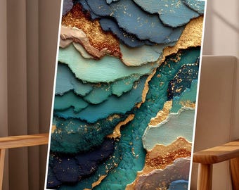 Lámina decorativa abstracta texturizada en color verde esmeralda, estilo lienzo con detalles en lámina dorada de lujo, descarga digital de estilo costero moderno, obra de arte imprimible de gran tamaño.