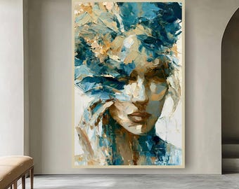 Abstract Woman Portrait Wall Art Printable, Teal Gold Textured Art, Luxury Modern Feminine Wall Decor, Large Abstract Face Digital Download