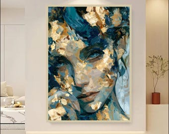 Luxury Abstract Woman Portrait Wall Art Printable, Blue Gold Textured Canvas Art, Modern Feminine Face Decor