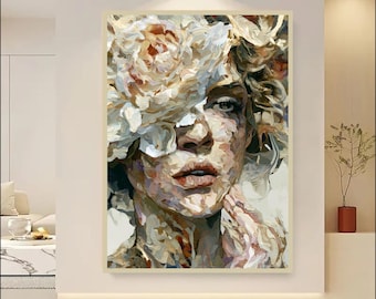 Abstract Female Portrait Wall Art Printable | Textured Floral Woman Face Art | Luxury Neutral Modern Decor | Contemporary Digital Download