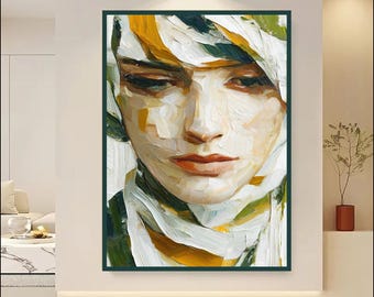 Abstract Female Portrait Wall Art, Textured Oil Painting Print, Modern Feminine Face Artwork, Green Gold Neutral Decor, Digital Download