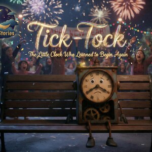 May include: An illustration for "Bed Stories" shows a clock with a sad face sitting on a wooden bench. The clock has gears and legs. The background features a crowd celebrating with fireworks and confetti, and the text "Tick-Tock - The Little Clock Who Learned to Begin Again".