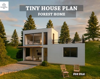 Tiny House Plan PDF, modernes Waldhaus, 2-stöckiges kleines Haus, sofort Download