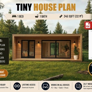 Op de afbeelding: Een digitaal architectonisch ontwerp voor een tiny house van 32 m2 met één slaapkamer en één badkamer. De afbeelding toont een houten buitenstructuur met grote glazen deuren, een plattegrond en tekst met de inbegrepen PDF-plannen.