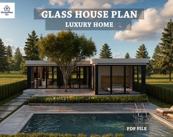 Moderne Glashaus Plan | Luxus One-Story Home Design | Minimalistische Pool Villa PDF