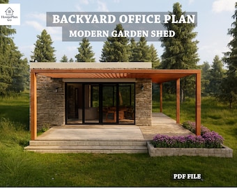 Modernes Hinterhof Büro Studio | Zeitgenössischer Gartenarbeitsplan | Kleiner Outdoor PDF Plan