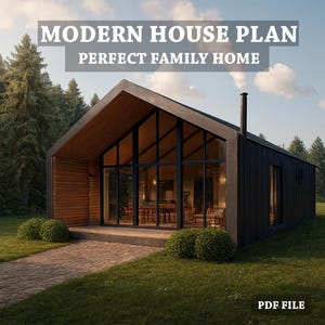 Könnte beinhalten: Moderner Hausplan mit schwarzer Außenfassade und Holzakzenten. Das Bild zeigt ein modernes Haus mit großen Fenstern und dem Text "MODERN HOUSE PLAN PERFECT FAMILY HOME" und "PDF FILE". Das Haus ist von grünem Gras und Bäumen umgeben.