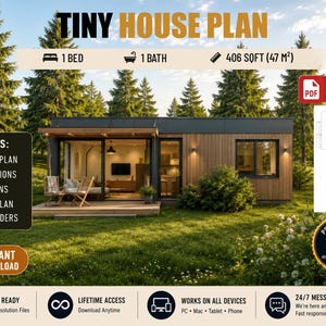 Op de afbeelding: Een digitaal architectonisch document voor een tiny house van 47 m² met één slaapkamer en één badkamer. Het ontwerp bevat plattegronden, gevelaanzichten, doorsneden, dakplannen en 3D-renders als direct downloadbare PDF-bestanden.