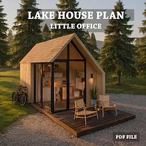 May include: A small, modern lake house plan labeled "LAKE HOUSE PLAN LITTLE OFFICE" with a wooden exterior and large glass windows. Two wooden chairs sit on a deck, and a bicycle leans against the side. The image is set in a natural, outdoor environment.
