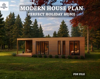 Modernes Haus Plan PDF | Single Story Cabin Design | Minimalistischer Entwurf für ein kleines Haus | Sofort Download