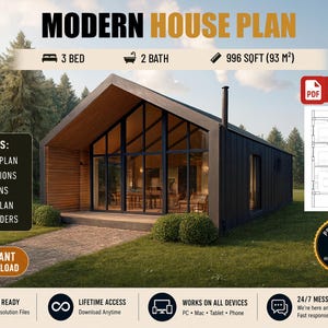 May include: A digital architectural design for a modern house plan featuring 3 bedrooms, 2 bathrooms, and 93 square metres of living space. The image displays a rendering of a dark-sided home with large glass windows, a floor plan, and text.