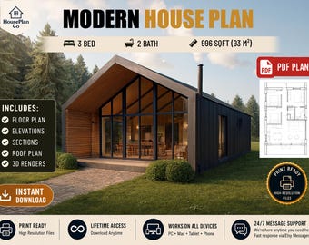 Modern 3 Bed 2 Bath House Plan, 996 Sq Ft Scandinavian Style (PDF Download)
