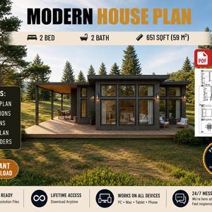 Puede incluir: Un plano de casa digital para una vivienda de 2 dormitorios y 2 baños de 59 m². La imagen muestra una casa moderna de fachada oscura con grandes ventanales y una terraza de madera, junto a un plano de planta, lista de documentos e iconos de descarga.