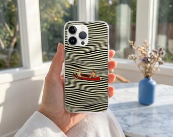 Funda para teléfono con ilustración de canoa vintage, funda protectora con diseño de líneas onduladas, accesorio tecnológico retro y original para exteriores, funda para iPhone 16 y 15.