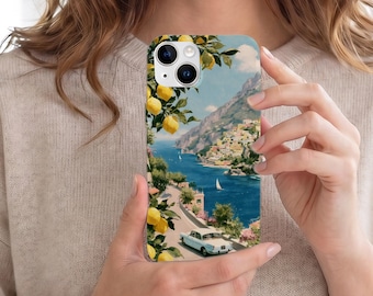 Funda para móvil con diseño de limones de la Costa Amalfitana, regalo de viaje veraniego por el Mediterráneo para ella, funda para móvil con diseño de coche vintage de la costa italiana, para iPhone 17, 16, 15 y 14.