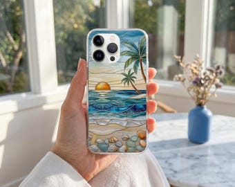 Coastal Ocean Phone Case, Stained Glass Beach Art MagSafe Cover,  Tropical Seashell Seaside Phone Cover for iphone 16 15 14 13 12 11
