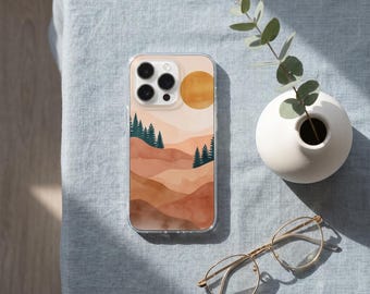 Boho Mountain Sunset Phone Case, Abstract Watercolor Terracotta Landscape Cover, Minimalist Pine Tree Nature Case for  iphone 16 15 14 13 12