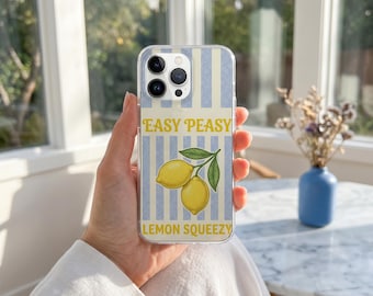 Funda para teléfono estilo cottagecore vintage con diseño de limón, funda veraniega de rayas de limón fácil de usar, arte cítrico retro, regalo protector para ella.