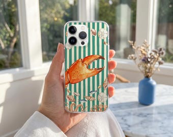 Funda para teléfono vintage con rayas costeras, funda playera con diseño de cangrejo y concha marina en acuarela, funda para iPhone con estética náutica retro de verano para vacaciones en la playa.