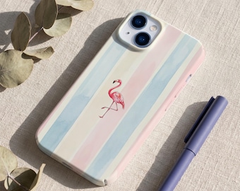 Funda para teléfono de verano costero, funda para iPhone con estética playera de flamencos, funda linda de rayas pastel para chicas, funda para chica surfista de vacaciones