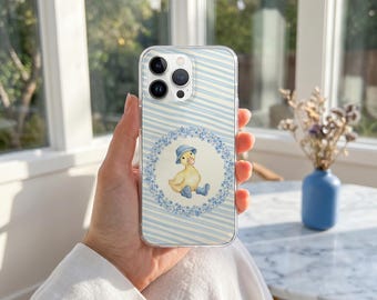 Cottagecore Yellow Duck Phone Case, Blue Striped Phone Cover, Floral Wreath Cover for iphone 16 15 14 13 12 11