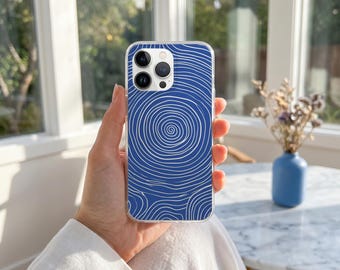 Royal Blue Abstract Spiral Clear Phone Case, Modern Minimal Line Art Soft Cover, Trendy Protective Slim Case for iPhone 16 15 14 13 12 PRO