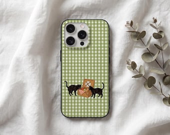 Funda para teléfono Black Cat Picnic, funda a cuadros verde salvia para amantes de los gatos, linda funda para iPhone para dueños de gatos