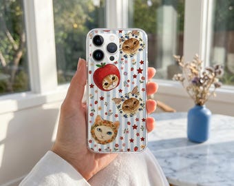 Funda para teléfono con diseño de gato y frutas estilo cottagecore, funda con estampado floral de fresas y rayas azul pastel, para iPhone 16 15 14 13 12 11 Pro Max Plus
