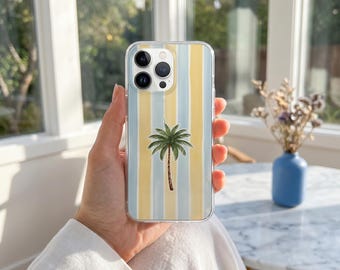 Funda para teléfono con palmeras, funda con estampado playero de rayas costeras, funda minimalista para vacaciones de verano, iPhone 17 16 15 14 13 12 11 Pro Max Plus