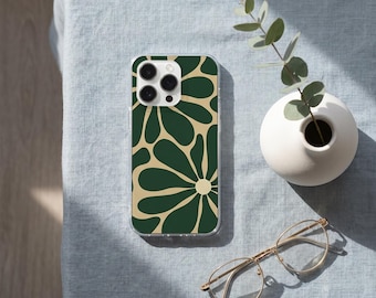 Dark Green Abstract Floral Clear Phone Case, Retro Boho Large Flower Soft Slim Cover, Minimalist Protective Case for iPhone 16 15 14 13 Pro