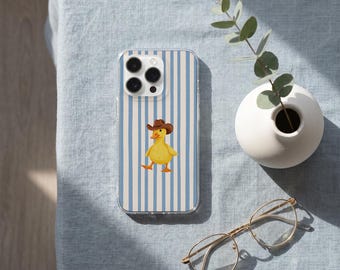 Funda para teléfono con estampado de patito adorable y rayas vaqueras, funda para teléfono estilo cottagecore con diseño de pato, accesorio encantador con diseño de animal caprichoso, para iPhone 17 16 15 14 13 12 11 Pro