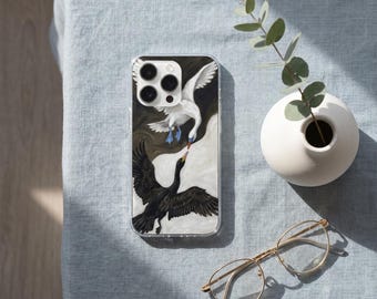 Funda para teléfono con diseño de cisne blanco y negro, funda protectora con pintura al óleo, elegante funda protectora con arte de aves, regalo de cumpleaños para amantes del arte.