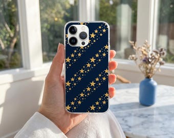 Funda para teléfono azul marino con estrellas doradas y rayas, funda protectora delgada minimalista con cielo estrellado celestial, funda para iPhone 17 16 15 14 13 12 11 X Pro Max