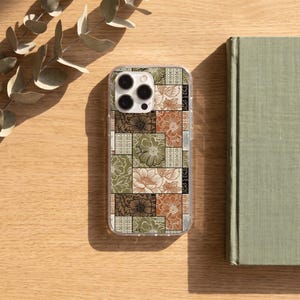 May include: A clear smartphone case featuring a patchwork design of rectangular panels. The pattern includes various floral illustrations and geometric textures in shades of olive green, burnt orange, cream, and dark brown, with a camera cutout.