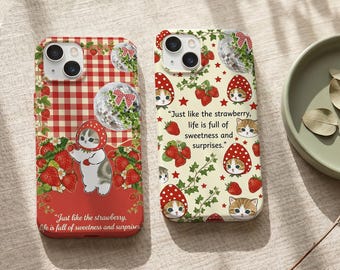 Funda para teléfono Strawberry Kitten, diseño retro a cuadros estilo disco, funda adorable para iPhone 16 17 15 14 13 12 11 X Pro Max