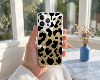 Funda para teléfono con estampado de leopardo y purpurina dorada, funda de lujo moderna con estampado de guepardo para mujer, iPhone 16 15 14 13 12 11 Pro Max