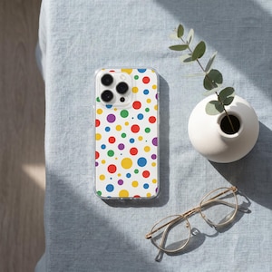 Könnte beinhalten: Eine transparente Smartphone-Hülle mit einem lebendigen Muster aus bunten Punkten in Rot, Blau, Gelb, Grün und Lila. Das Design bedeckt die gesamte Rückseite der Hülle, die einen Ausschnitt für ein Kamerasystem mit drei Linsen aufweist.