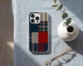 Funda para teléfono con estampado de tartán azul marino y rojo, funda retro estilo patchwork a cuadros, funda protectora de estilo británico clásico para uso diario.