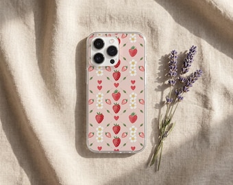 Funda para teléfono con diseño de flores de fresa, funda suave rosa con estampado floral estilo cottagecore, funda protectora dulce y femenina para iPhone 16 15 14 13 12 11