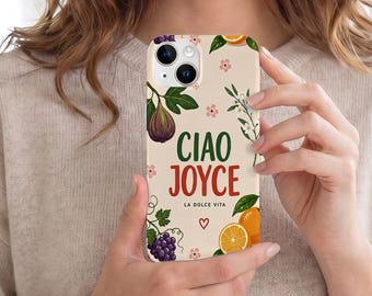 Funda para teléfono Ciao Fruits personalizada, funda para iPhone con nombre personalizado, estética veraniega, diseño de azulejos mediterráneos, regalo de viaje a la Costa Amalfitana para ella.