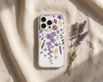 Pressed Flower Design Phone Case, Purple Lavender Lemon Botanical Floral Cover, Wildflower Case for Iphone 16 15 14 13 12 11 X Xr