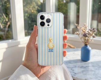 Watercolor Duck Phone Case, Blue Striped Phone Cover, Cute Duck in Rain Boots Case for iphone 16 15 14 13 12 11
